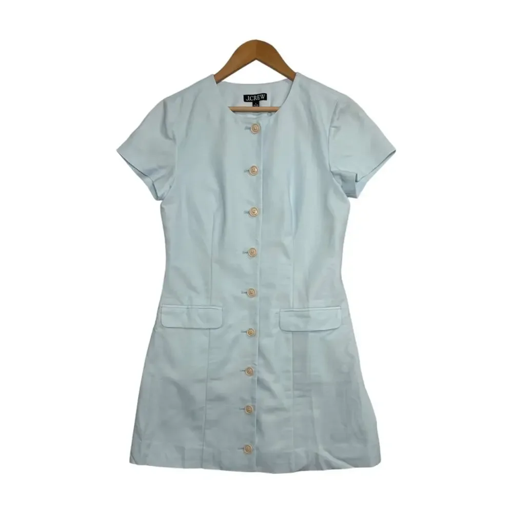 J Crew Dress Womens 6 Light Blue Linen Blend Button Front Short Sleeve Career